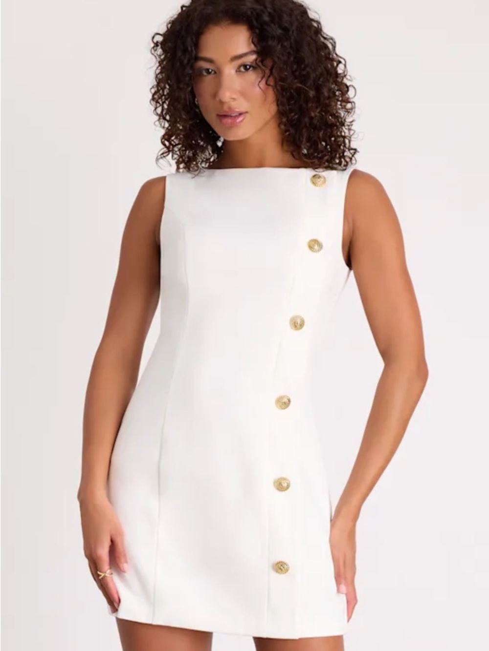 Lulu's White Sleeveless Mini Dress with Gold Buttons